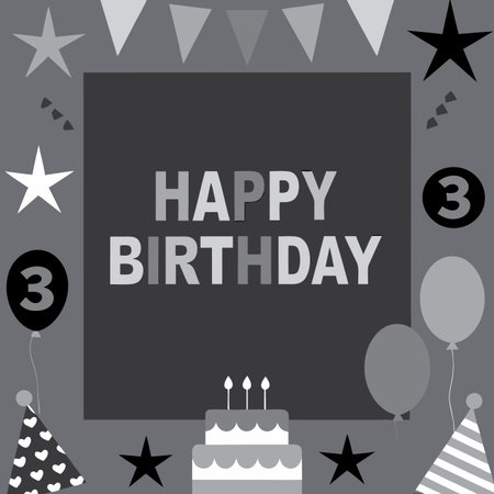 Birthday graphic with balloons, stars, and cake in grayscale designのイラスト素材