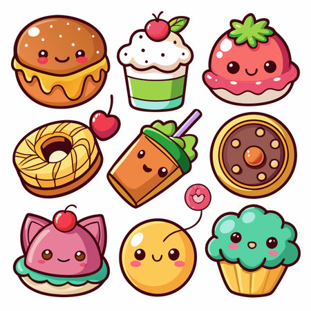 Cute cartoon desserts with friendly faces. Fun, colorful, yummy treat collectionのイラスト素材