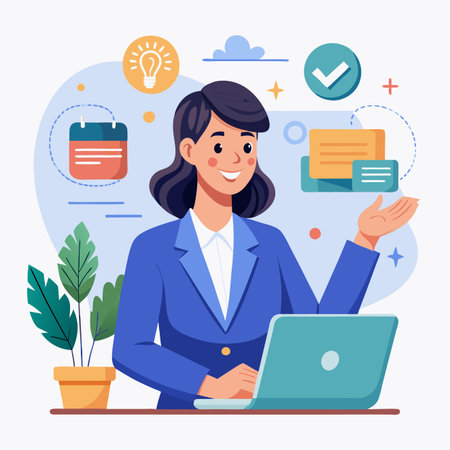 Business woman with laptop. Calendar, checkmark, lightbulb, documents. Vector illustrationのイラスト素材