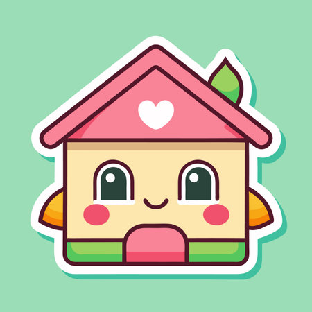 Cute house with heart roof, smiling face, cartoon style on a green backgroundのイラスト素材