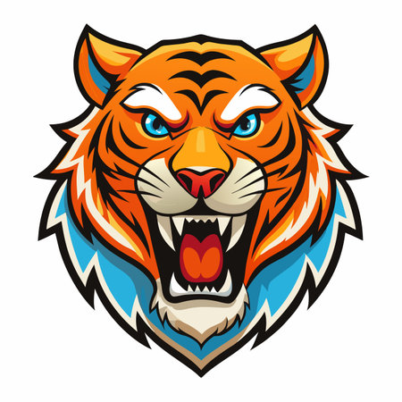 Roaring tiger face with detailed orange and black stripes, blue eyes and open mouth showing teethのイラスト素材