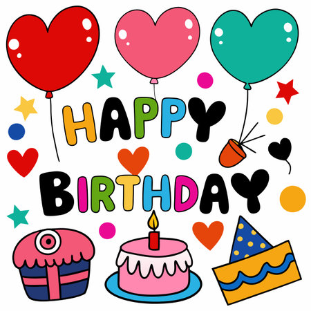 Birthday card with balloons, cake, party hat, and colorful decorationsのイラスト素材