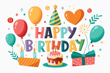 Happy birthday greeting with balloons, cake, gift, and party hat on a white backdropのイラスト素材