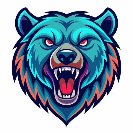 Intense, teal-colored bear head illustration, ferocious expression, showing sharp teeth and red eyesのイラスト素材
