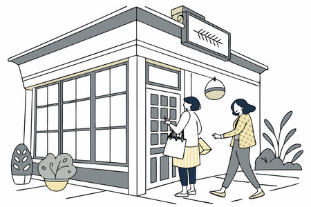 Women enter a small shop. Exterior is outlined in gray. Plants decorate frontのイラスト素材