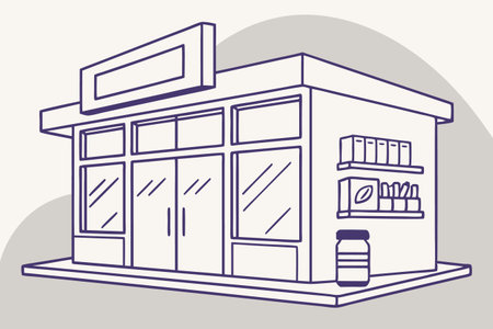 Storefront illustration with shelves, goods, and blank signage. Line artのイラスト素材