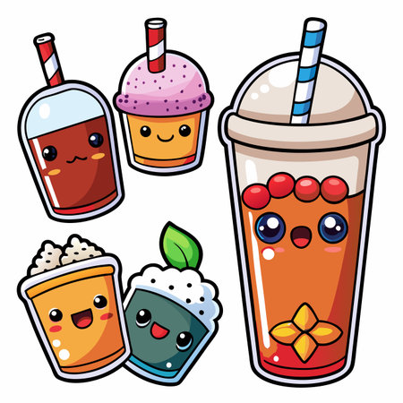 Cute cartoon style bubble tea drinks with smiling faces and colorful toppings and strawsのイラスト素材