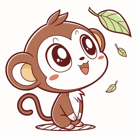 Cartoon monkey with big eyes looking up at falling leaves in a playful pose