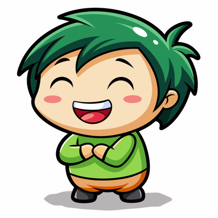 Vector Illustration of Cartoon Kid Character with Green Shirt and Smilingのイラスト素材