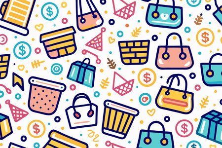 Cute pattern of shopping baskets and bags with money symbols on white backgroundのイラスト素材