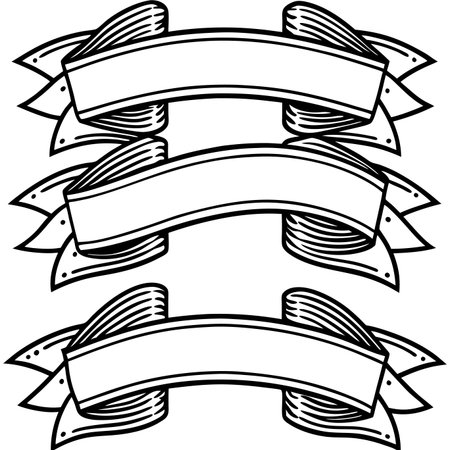 Three decorative, outlined ribbon banners in a stacked vertical arrangementのイラスト素材
