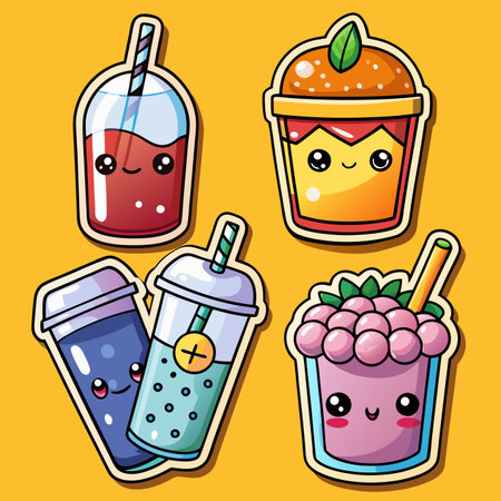 Cartoon drinks sticker sheet with cute faces on a yellow backgroundのイラスト素材