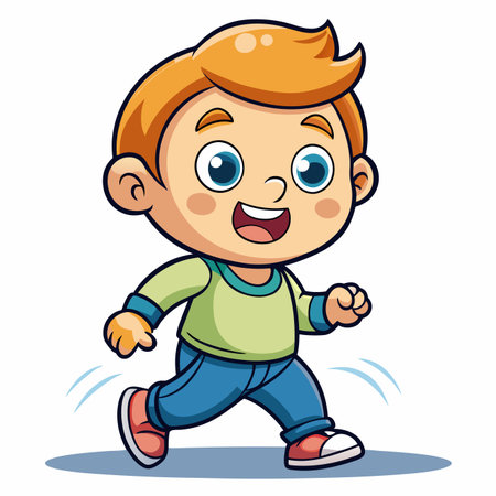 Cartoon boy with red hair, blue pants, and green shirt happily walksのイラスト素材