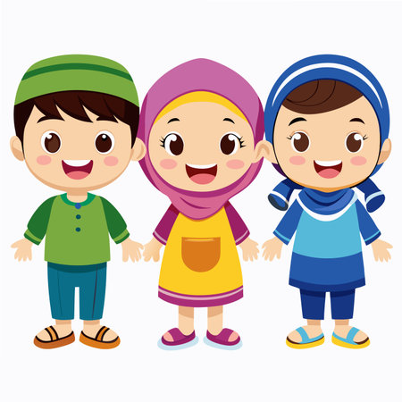 Cartoon illustration of three smiling children wearing religious headwearのイラスト素材