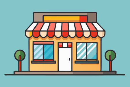 Storefront with striped awning, windows, door, and trees on a plain light blue backgroundのイラスト素材