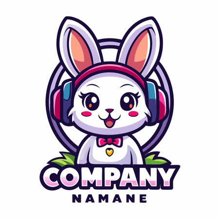 Cute cartoon bunny with headphones. Vector illustration on white background.のイラスト素材