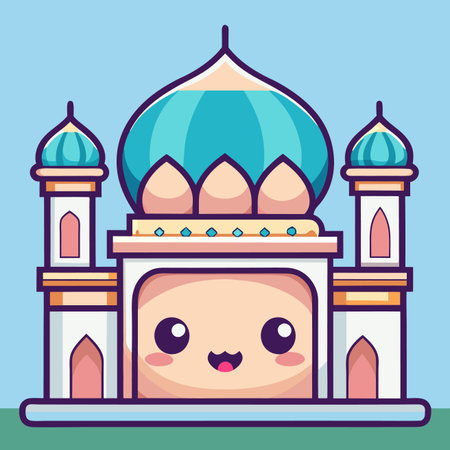 Mosque cartoon. Cute eyes, domed architecture. Beige and blue color palette. Towers on sidesのイラスト素材