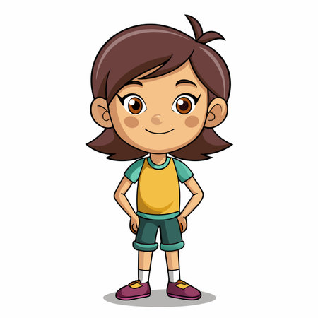 Cartoon girl, brown hair, smiling. Yellow shirt, green shorts, purple shoes. Happy and confidentのイラスト素材