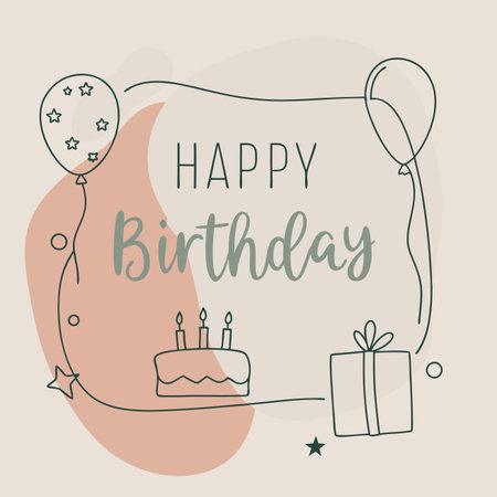 Birthday card with cake, gift, and balloons in minimalist style. Pastel backgroundのイラスト素材