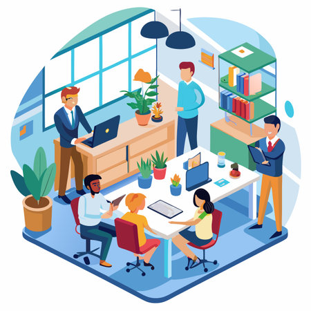 Isometric office Diverse team collaborating around a table, bright interior with plantsのイラスト素材