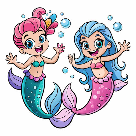 Cartoon mermaids smiling, joyful with bubbles. Colorful hair, tails, and scalesのイラスト素材