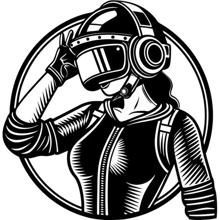 Woman in helmet and gear, peace sign, circular frame, monochrome drawing, vector artのイラスト素材