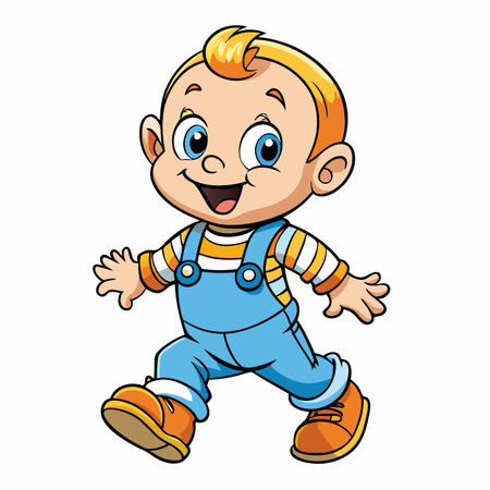Cartoon illustration toddler with blonde hair and blue overalls walking with a smileのイラスト素材