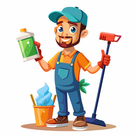 Cartoon cleaner with supplies. Holds cleaner, mop. Bucket with blue rags. Happy expressionのイラスト素材