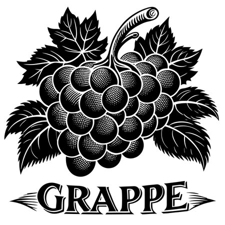 Grape cluster illustration with leaves, detailed texture, and decorative textのイラスト素材