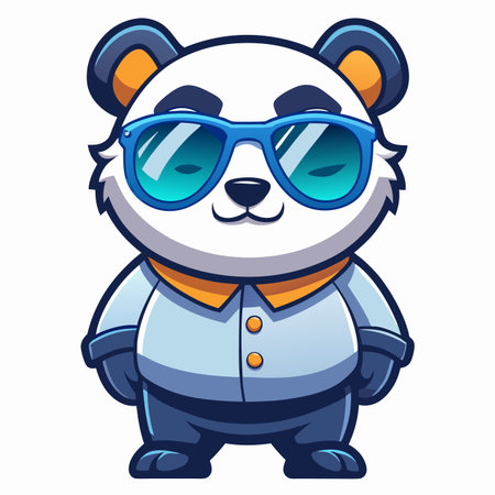 Cartoon panda bear with blue sunglasses and collar, on a white backdropのイラスト素材