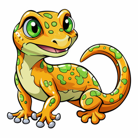 Cheerful, orange lizard with green spots, cartoon style, smiling, against a plain backdropのイラスト素材