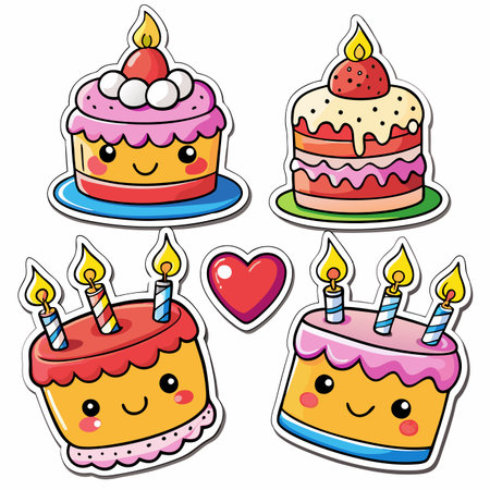 Cute cartoon cakes with candles and heart stickers, sweet treats illustrationsのイラスト素材