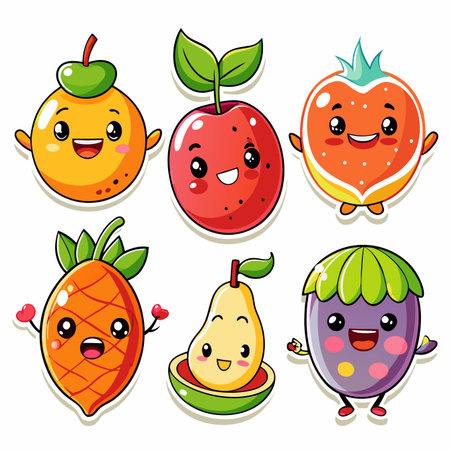 Smiling cartoon fruits, including orange, cherry, strawberry, pineapple, pear, and eggplantのイラスト素材