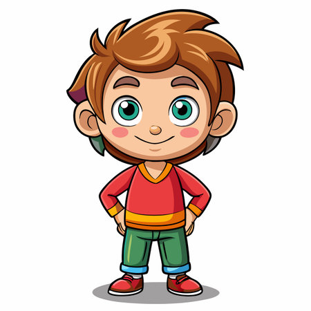Cartoon boy stands happily, wearing green pants and a red shirtのイラスト素材