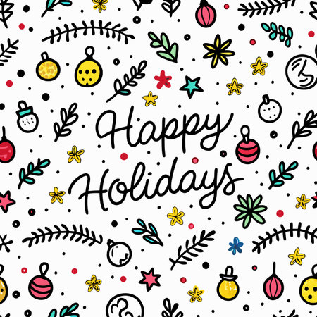 Holiday cheer Festive doodle pattern with ornaments, stars, and branches on a white backdropのイラスト素材