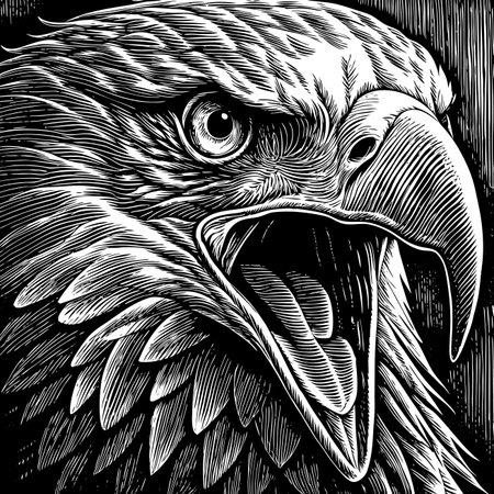 Detailed monochrome portrait of an eagle&#39;s head with an open beakのイラスト素材