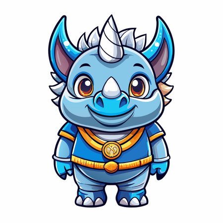 Cute cartoon unicorn rhino in blue outfit with gold accents, standing smilingのイラスト素材