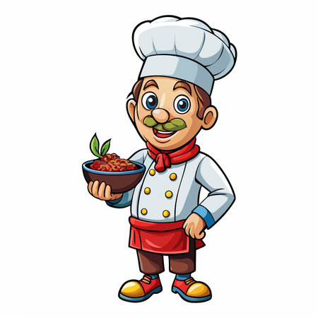 Cartoon chef with a bowl of spaghetti, wearing a white hat, red scarf, and apronのイラスト素材