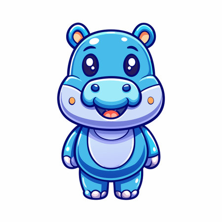 Cute cartoon blue hippo with big eyes and a happy smile stands uprightのイラスト素材