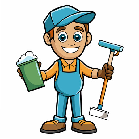 Cartoon cleaner holding supplies. Man in overalls, cap, gloves, smiling widely with soap and squeegeeのイラスト素材