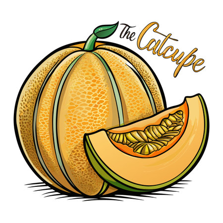 Melon illustration, sliced wedge. Green stem with a leaf. Isolated food art on a white backgroundのイラスト素材