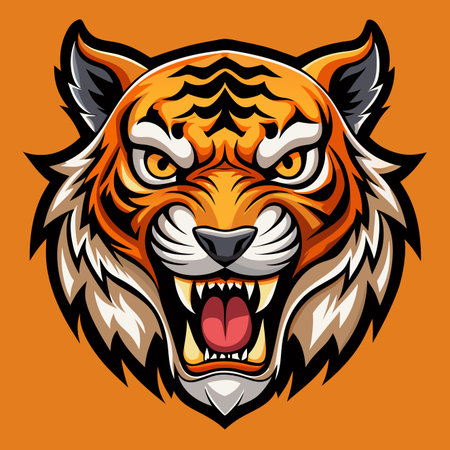 Tiger head illustration with an aggressive expression against an orange backgroundのイラスト素材