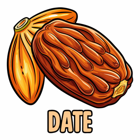Two dates, one sliced open to reveal the pit, brown and golden colorのイラスト素材