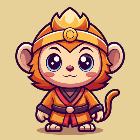 Cartoon monkey with big eyes, wearing a robe and headpiece, standing on a tan backgroundのイラスト素材