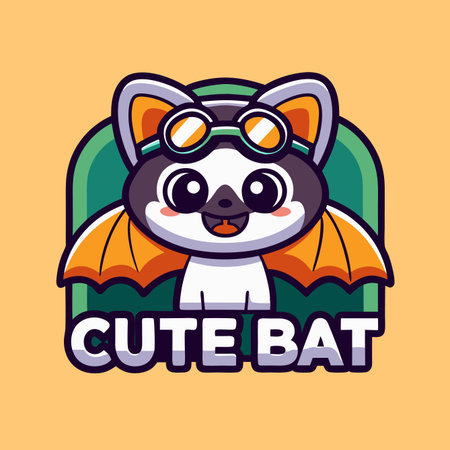 Adorable bat illustration with aviator goggles against green backdrop. &quot;Cute Bat&quot; text overlayのイラスト素材