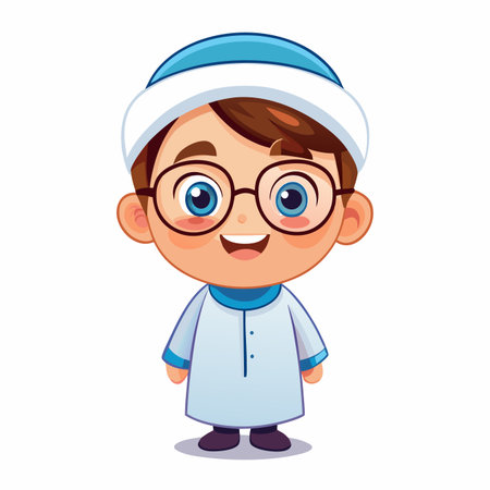 Cartoon child with a kufi and glasses, smiling broadlyのイラスト素材