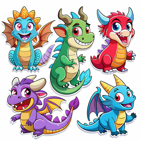 Cartoon dragons! Vibrant hues and playful poses create whimsical fantasy creature designsのイラスト素材