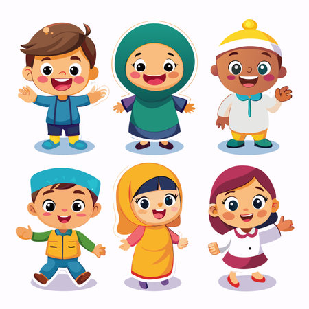 Diverse cartoon children smiling and waving, wearing varied cultural clothingのイラスト素材