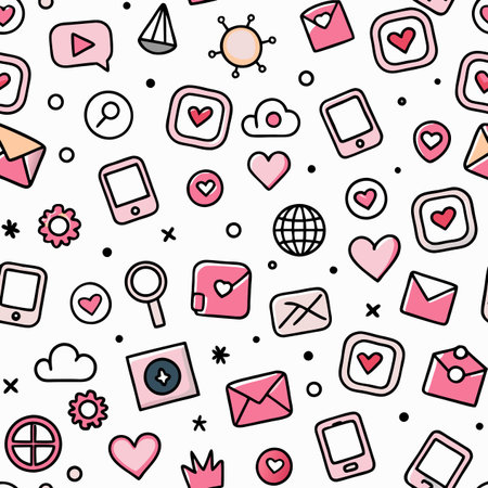 Cute seamless pattern with social media, love, and technology iconsのイラスト素材