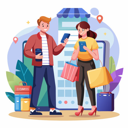 Shoppers using phones, carrying bags. Online storefront background with leafy plants and blue accentsのイラスト素材